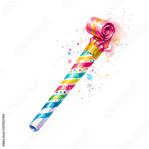 Colorful Birthday Party Horns And Noisemakers With Confetti And Ribbons Wet Watercolor Celebration Illustration