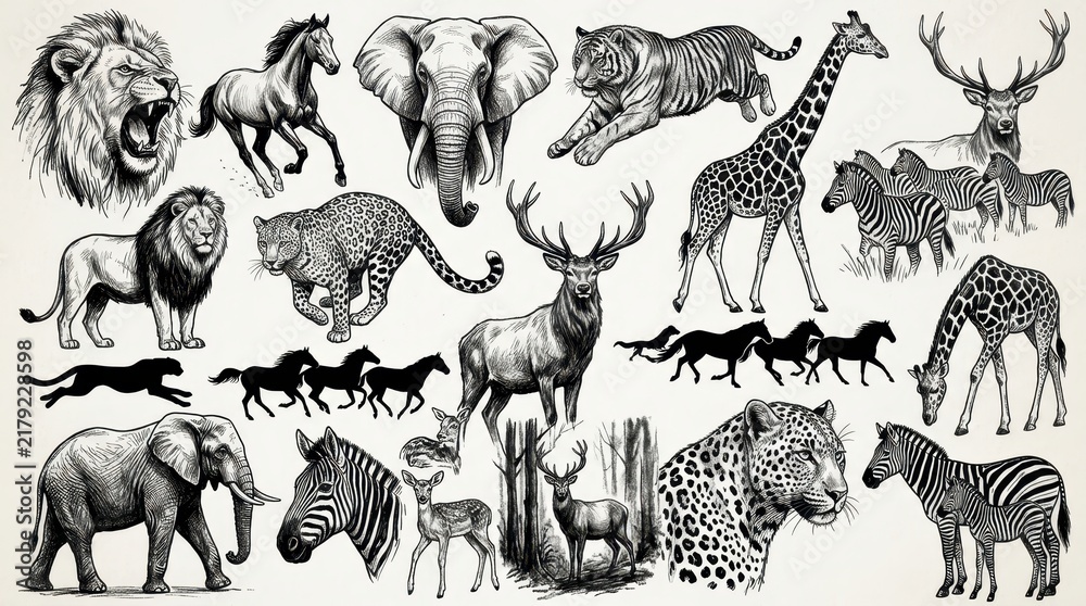 Fototapeta premium Detailed Hand-Drawn Wild Animal Sketches Collection Featuring Lion, Elephant, Tiger, Giraffe, Zebra, and Deer