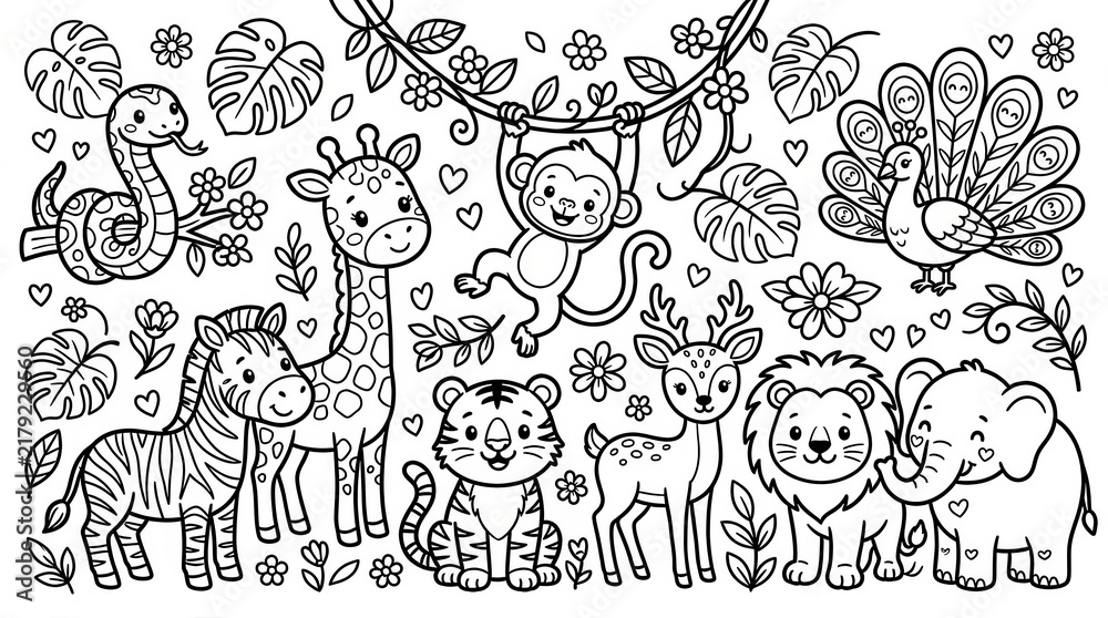Obraz premium Cute Jungle Animals Coloring Page for Kids with Lion, Elephant, Giraffe, Tiger, and Monkey in a Tropical Forest Setting