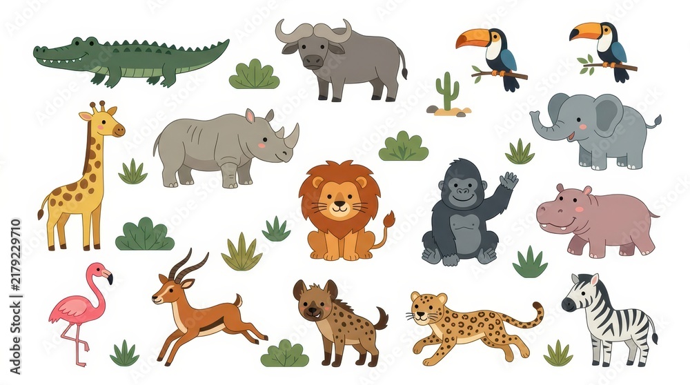 Obraz premium Cute African Safari Animal Collection with Lion Elephant Giraffe Zebra and More Vector Illustration Set for Kids