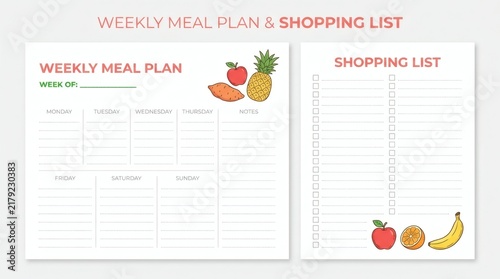 Organized weekly meal planner and grocery shopping list template with fresh fruit icons.