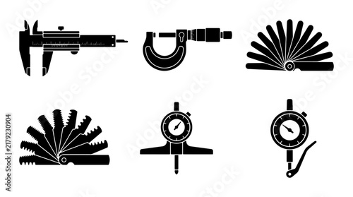 Bild auf Leinwand Precision Measuring Tools Vector Icons Set: Caliper, Micrometer, Gauge, Feeler G