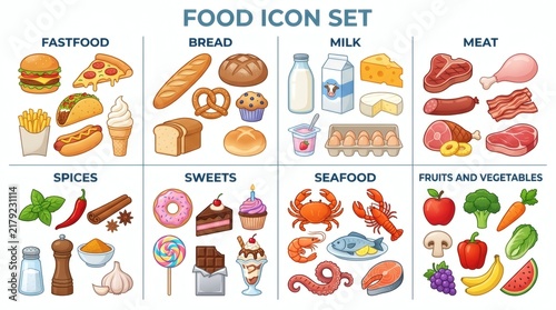 Bright flat food icons set for websites, apps, and digital menus with 12 categories