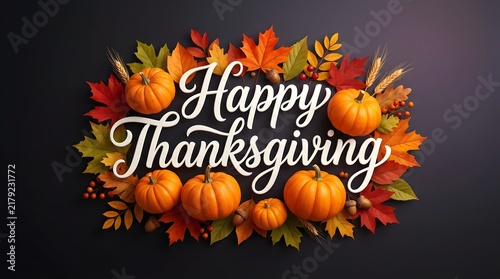 Happy thanksgiving text greeting surrounded by autumn pumpkins and colorful fall leaves on black background