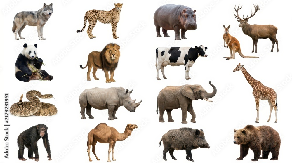 Obraz premium Large Collection of Diverse Wild and Domestic Animals Isolated on White Background for Educational and Design Use