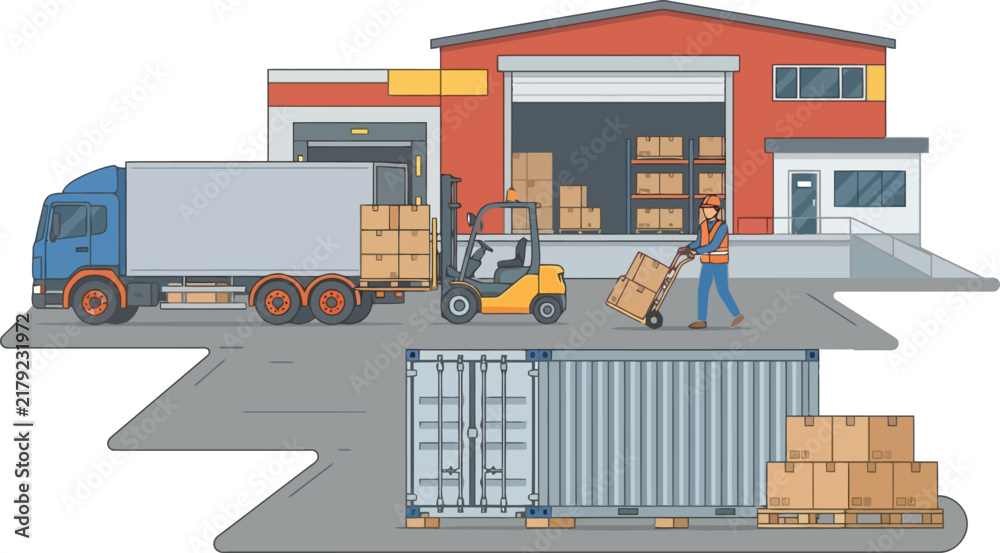 Obraz premium Logistics warehouse scene with a truck forklift and worker loading cargo boxes.