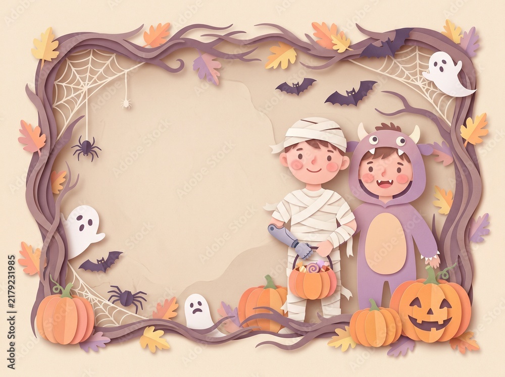 Naklejka premium Spooky 3D paper cut Halloween frame template of a disabled child with prosthetic arm in mummy costume and monster friend