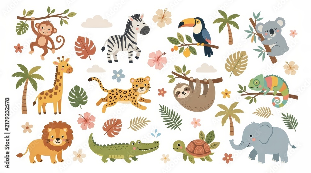 Fototapeta premium Cute Cartoon Jungle Animals and Tropical Plants Collection Set for Kids Illustration