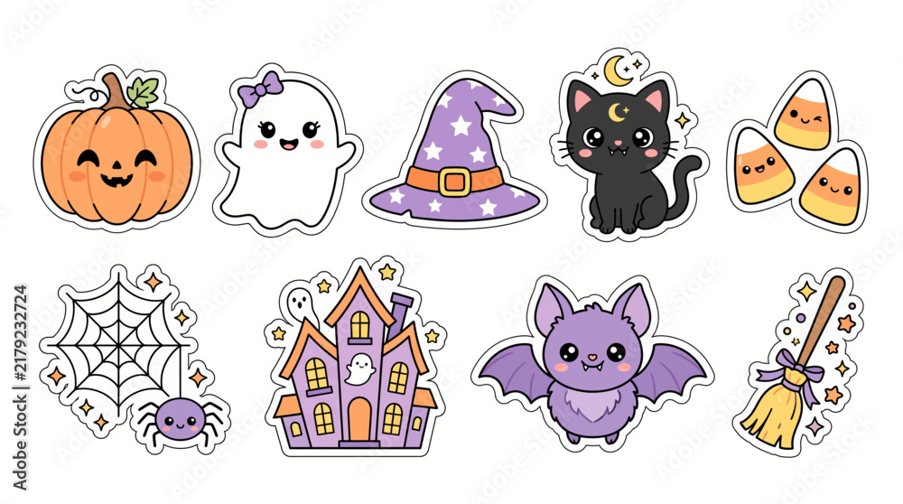 Fototapeta premium Halloween cute kawaii sticker sheet pumpkin ghost witch cat candy spider bat broom pastel vector