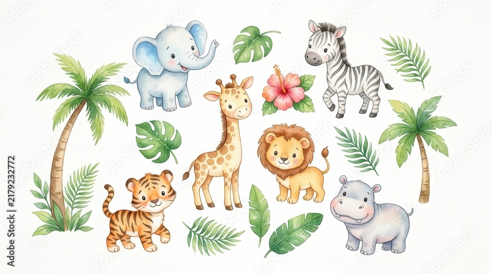 Obraz premium Cute Watercolor Safari Animals and Tropical Leaves Set for Nursery Decor - Elephant, Lion, Tiger, Giraffe, Zebra, Hippo
