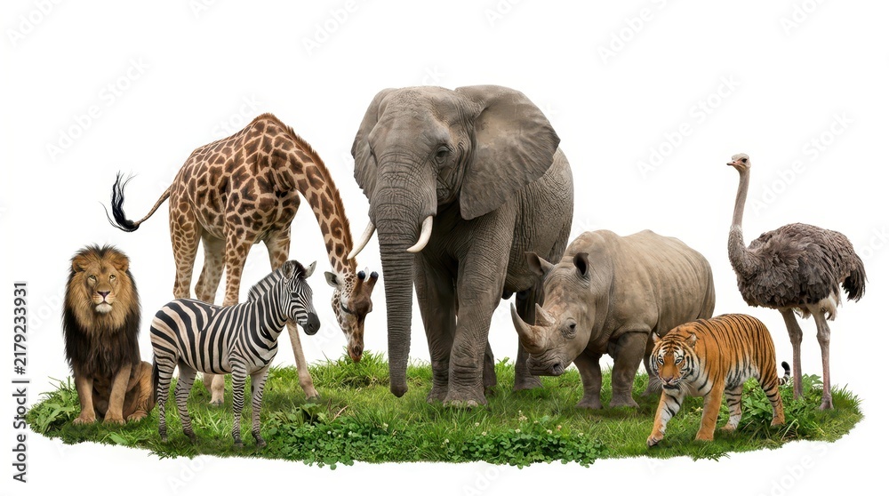Obraz premium Diverse Collection of African and Asian Wildlife Animals Standing on Grass Isolated on White Background