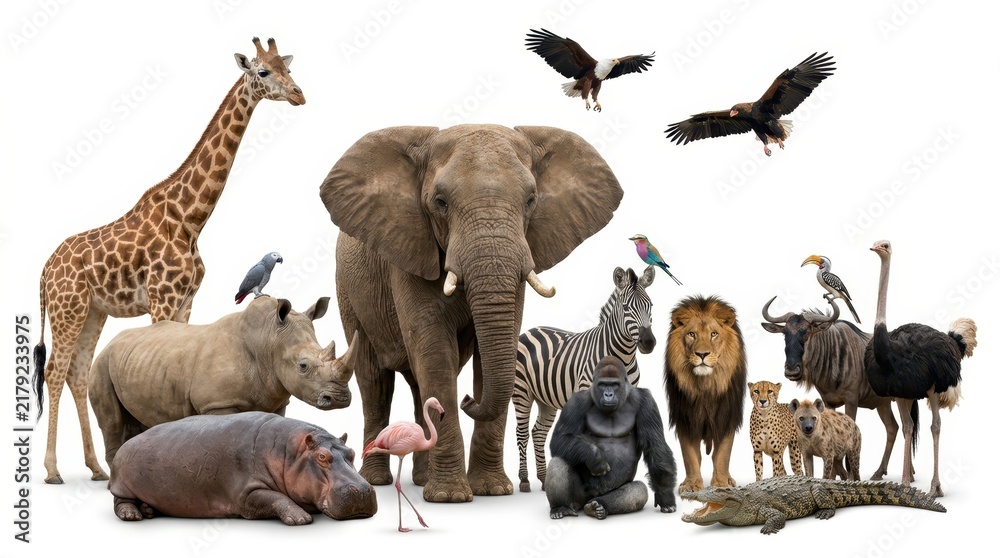 Obraz premium Large Group of African Wildlife Animals Isolated on White Background - Elephant, Lion, Giraffe, Rhino, and More