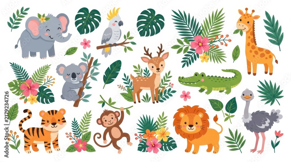 Naklejka premium Cute Cartoon Jungle and Safari Animals Collection with Tropical Leaves and Flowers Vector Illustration Set for Kids