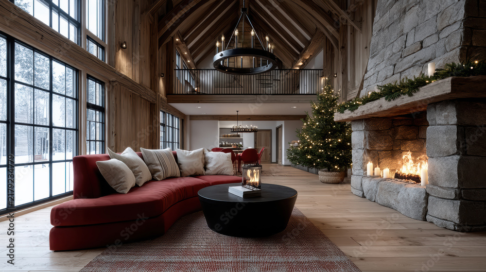 Obraz premium Upscale rustic living room with vaulted ceiling, stone fireplace, red sofa, Christmas tree, wood floor, large windows, cozy winter ambiance