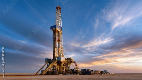 Sunrise Over Oil Rig Platform in Desert Landscape with Dramatic Clouds and Vibrant Sky Colors