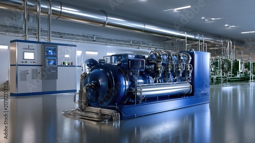 Industrial compressor unit in modern facility with advanced control panel and ventilation systems for efficient operation