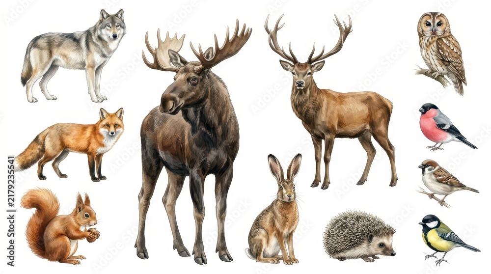 Fototapeta premium Forest Animals and Birds Illustration Set with Wolf, Moose, Deer, Fox, Owl, Squirrel, and Hedgehog Isolated on White