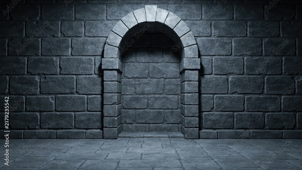 Fototapeta premium Dark stone wall with arched alcove and cobblestone floor