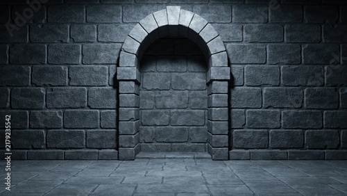 Dark stone wall with arched alcove and cobblestone floor