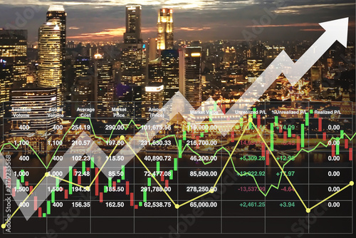 A wide shot of a illuminated modern city skyline at dusk double-exposed with a financial stock market interface. The composition features trading data tables, candlestick graphs, line charts.