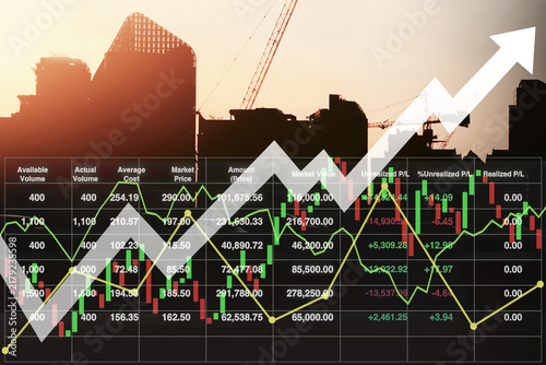 A double-exposure image featuring the silhouette of a building construction site with cranes against a sunset sky, overlaid with a digital stock trading interface. 