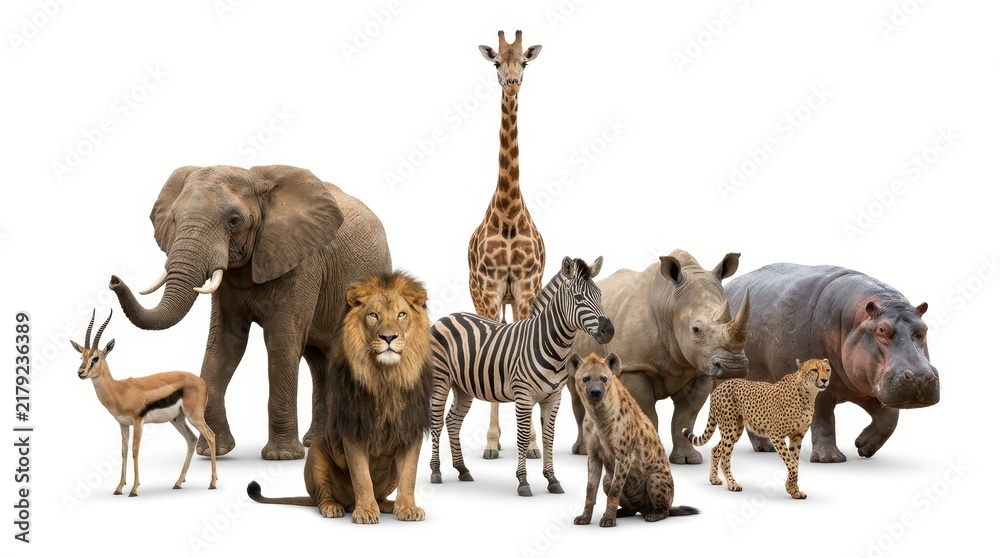 Obraz premium African Safari Wildlife Collection with Elephant Lion Giraffe Zebra Rhino Hippo and Cheetah on White Background