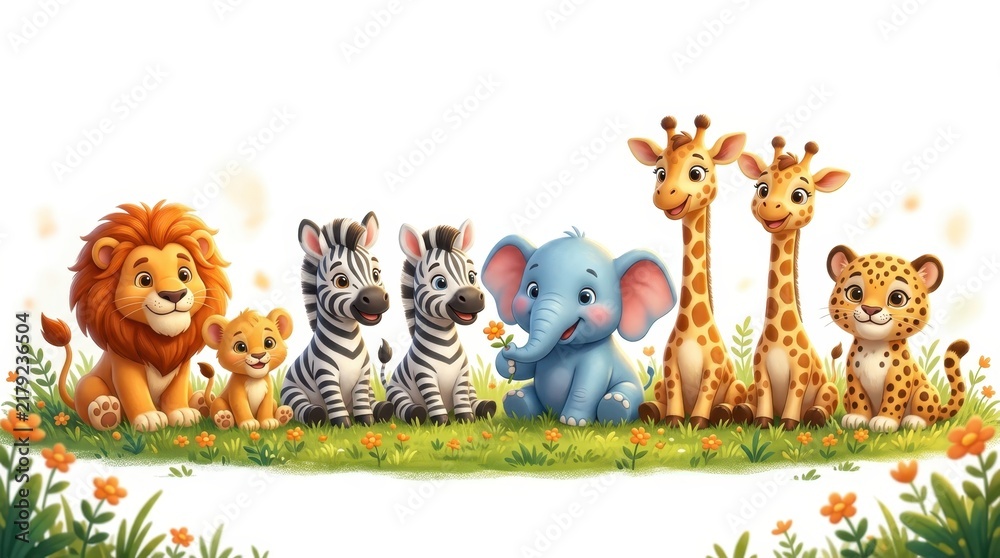 Obraz premium Cute Cartoon Safari Animals Collection with Lion, Elephant, Giraffe, Zebra, and Leopard on White Background for Kids