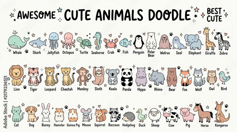 Fototapeta premium Mega Pack of Cute Animal Doodles Kawaii Style Illustrations for Kids Stickers Educational Materials and Nursery Decor