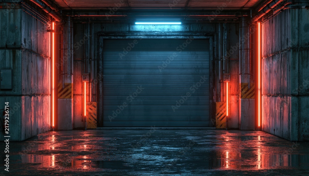 Fototapeta premium Futuristic Industrial Garage with Neon Lights and Wet Floor.