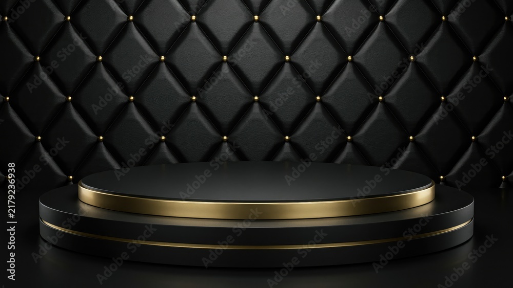 Obraz premium Black circular pedestal with gold trim against quilted leather background