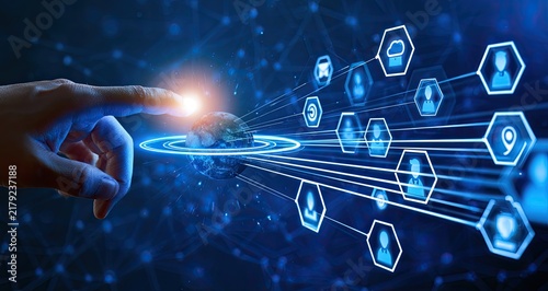 Futuristic Digital Network Connection with Human Finger Interaction.
