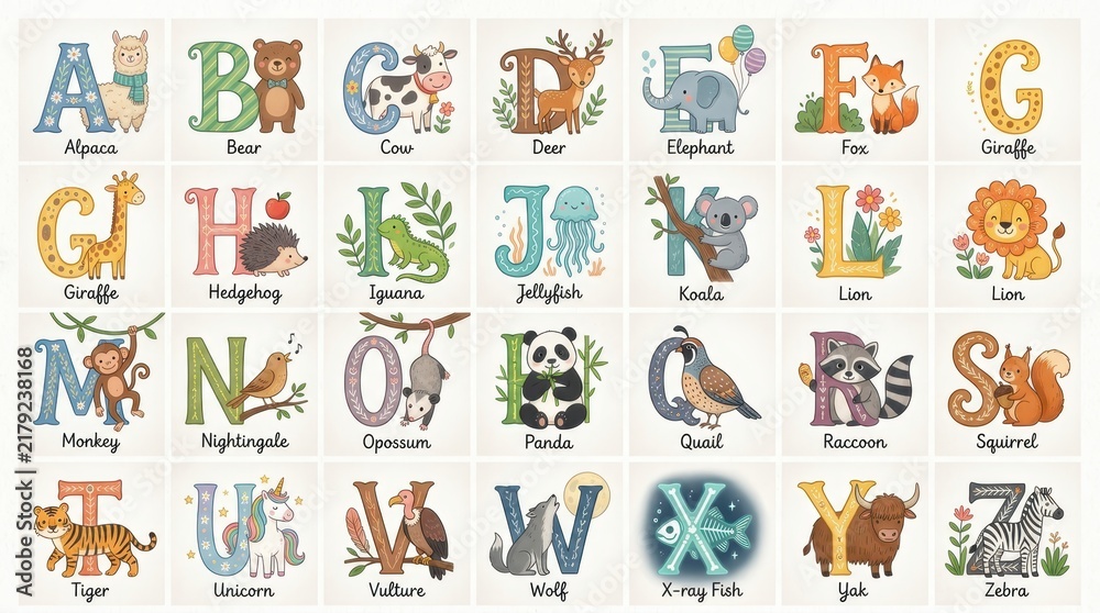 Fototapeta premium Cute Animal Alphabet Poster for Kids Nursery Decor Educational ABC Chart with Hand Drawn Illustrations