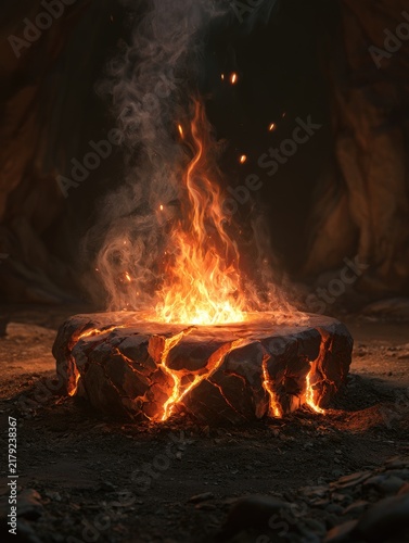 Mysterious Glowing Lava Rock with Fiery Flames and Smoke.