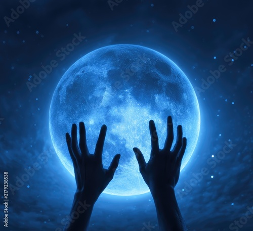 Mysterious Hands Reaching for the Glowing Blue Moon in a Starry Night Sky.