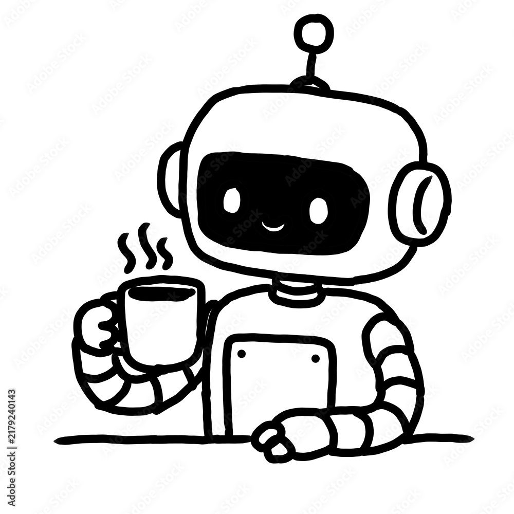 Naklejka premium Cute Robot Holding Coffee Cup AI Technology Doodle.Hand-drawn black and white doodle illustration of a friendly robot holding a steaming cup of coffee. A playful concept representing artificial intell