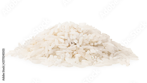 Pile of dry white long grain rice with scattered grains isolated on white background