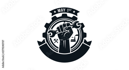 Labor day emblem featuring a clenched fist holding tools and factory silhouette