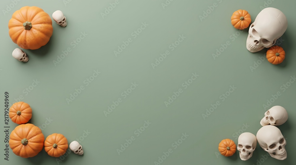 Fototapeta premium Halloween background with pumpkins and skulls on green