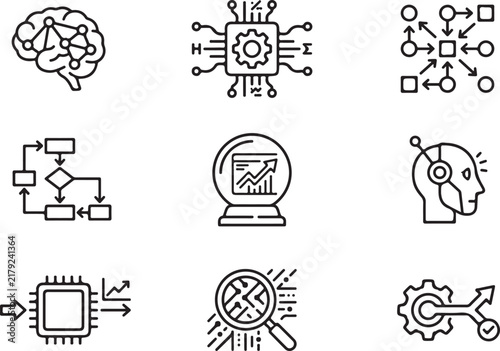 Artificial Intelligence and Machine Learning Concept Line Icons for Business Automation and Data Analytics