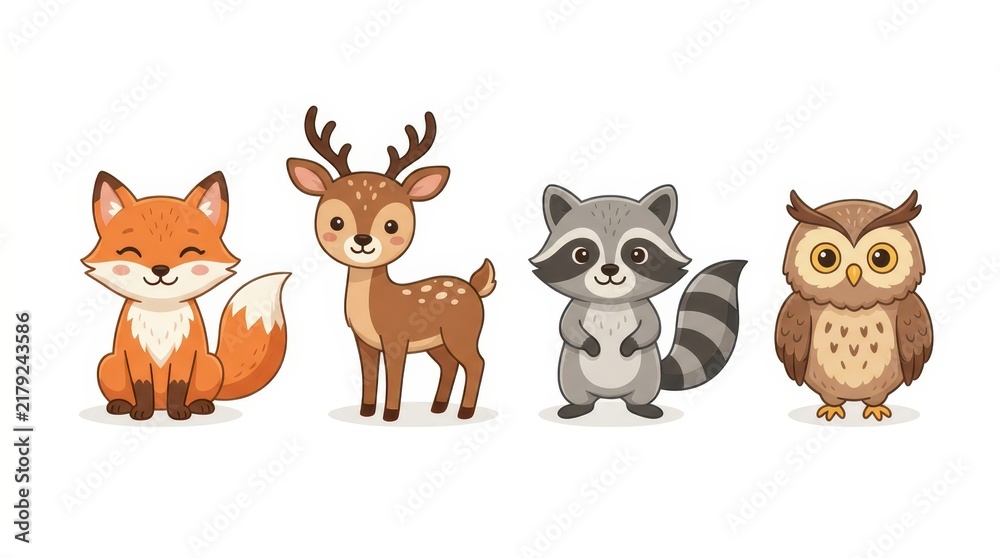Naklejka premium Cute Woodland Animals Vector Illustration Set Featuring Fox, Deer, Raccoon, and Owl in Kawaii Cartoon Style