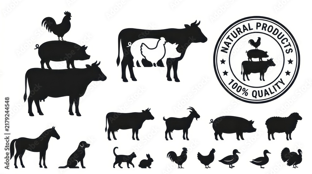 Fototapeta premium Collection of Farm Animal Silhouettes and Natural Product Quality Seal for Organic Food Branding and Agriculture Design
