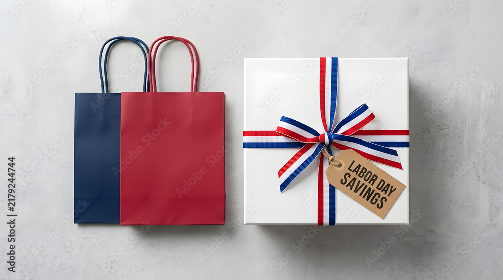 Fototapeta premium Shopping bags and gift box with Labor Day savings tag flat lay
