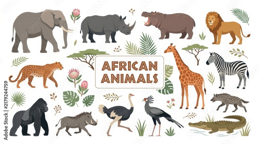 Obraz premium African Wildlife Vector Illustration Set with Elephant Lion Giraffe Zebra and Exotic Savanna Animals