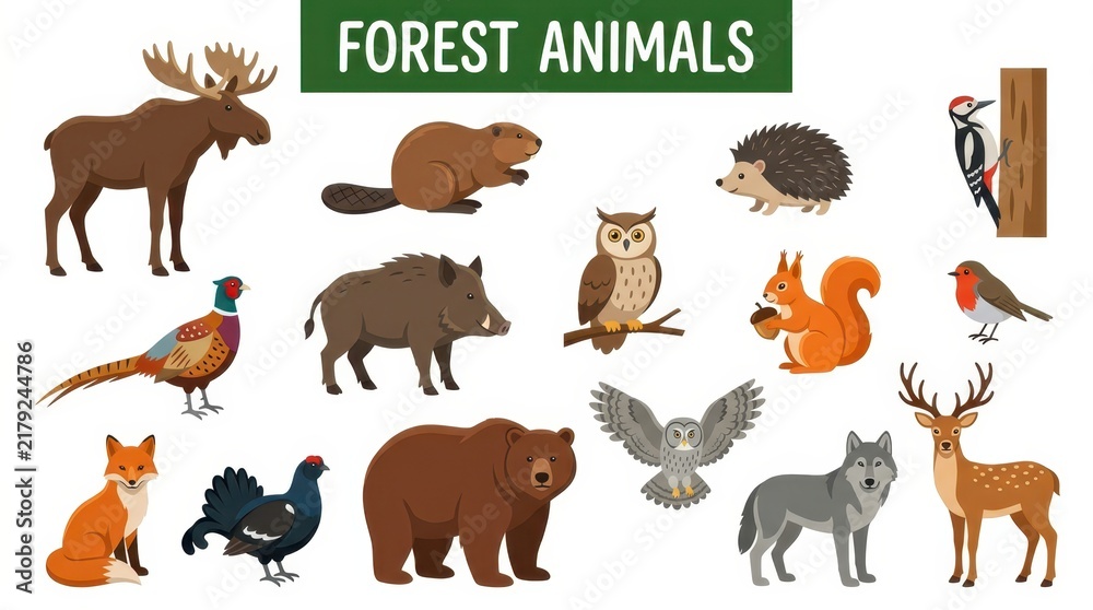 Fototapeta premium Forest Animals Vector Illustration Set Featuring Bear Deer Wolf Fox Owl and Other Woodland Wildlife for Educational Use