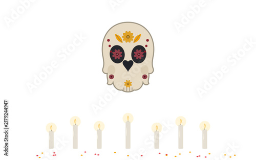 Фотография Vibrantly decorated skull icon with marigold accents and glowing candles, celebr