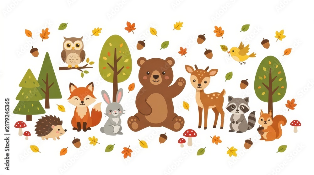 Fototapeta premium Cute Autumn Forest Animals Vector Illustration Set with Bear, Fox, Deer, Owl, and Woodland Elements on White Background