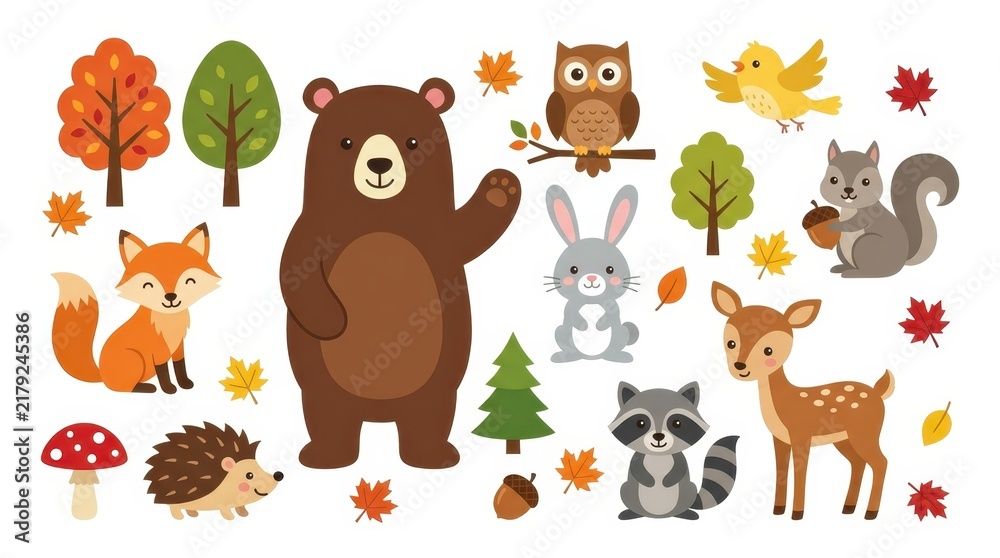 Obraz premium Cute Woodland Forest Animals Vector Illustration Set with Bear Fox Deer Raccoon Owl Squirrel Rabbit and Hedgehog