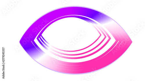 Purple eye shaped emblem glows symmetrically against a white background.