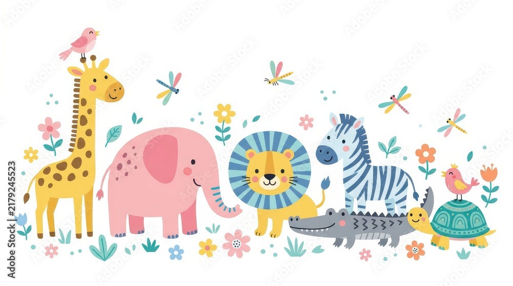 Obraz premium Cute Cartoon Safari Animals Illustration with Giraffe Elephant Lion Zebra Crocodile and Turtle for Kids Nursery Decor