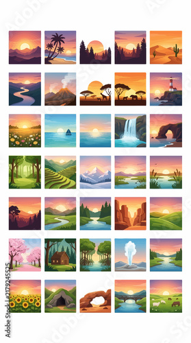 Collection of diverse landscape illustrations featuring sunset and sunrise scenes.